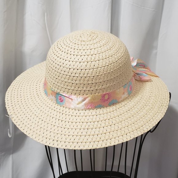 Fun Straw Sun Hat w/ Floral Print Ribbon NWT